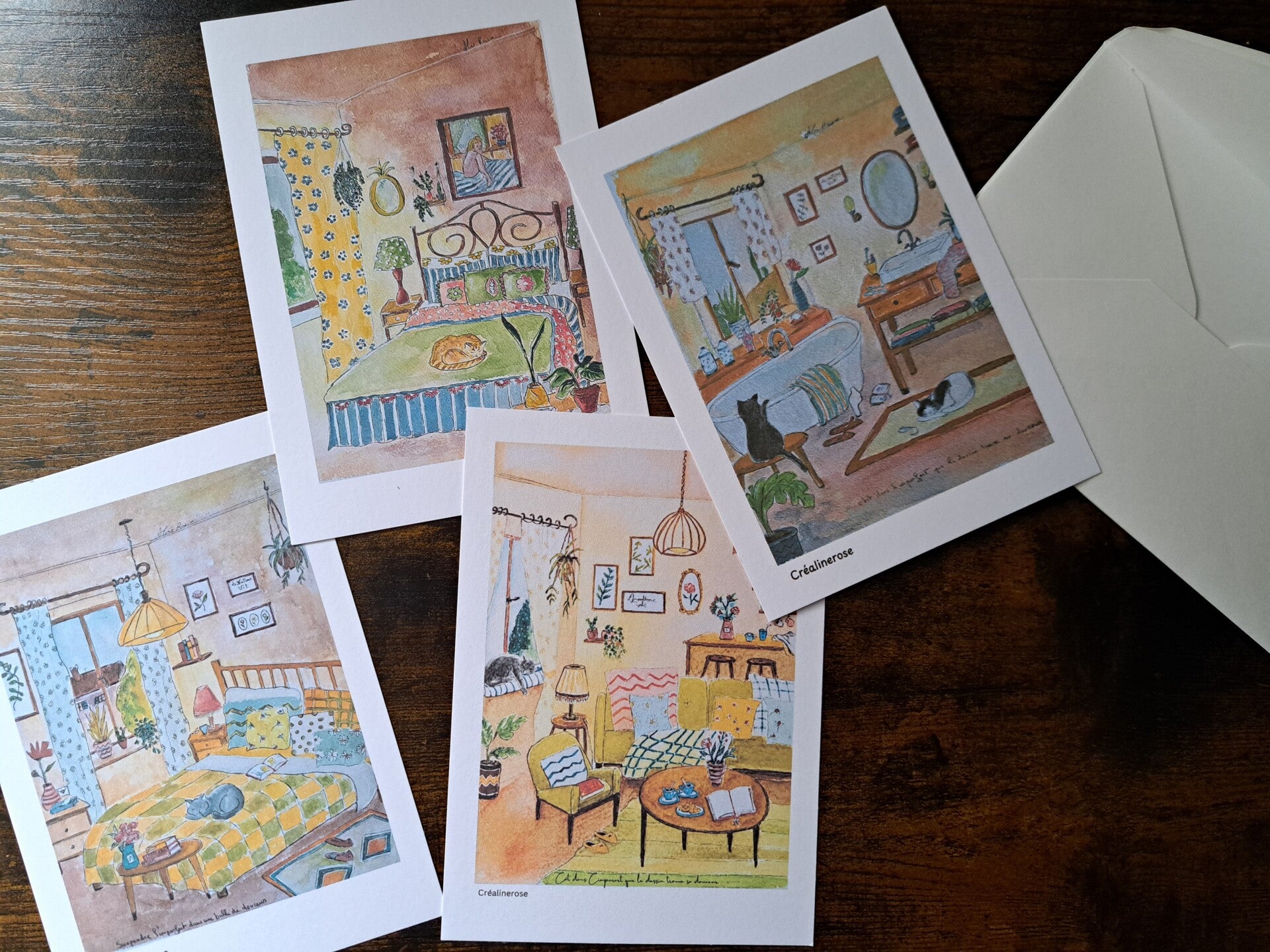 lots de 4 cartes postales modèles unique 10x15 cm imprimé a partir de mes illustrations, créalinerose.com