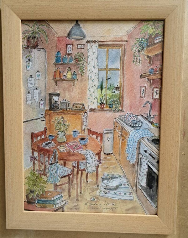 Tableau aquarelle 26 x36  cm encadrement MDF bois Hêtre ,  verre anti cassable , anti reflet antireflet