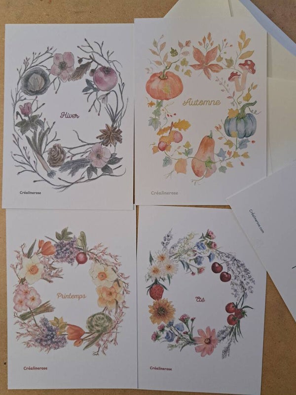 Lots de 4 cartes postales  4 saisons format A6 avec enveloppe