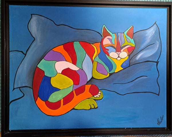 Toile acrylique chat 65x50 encadrement caisse americaine noir