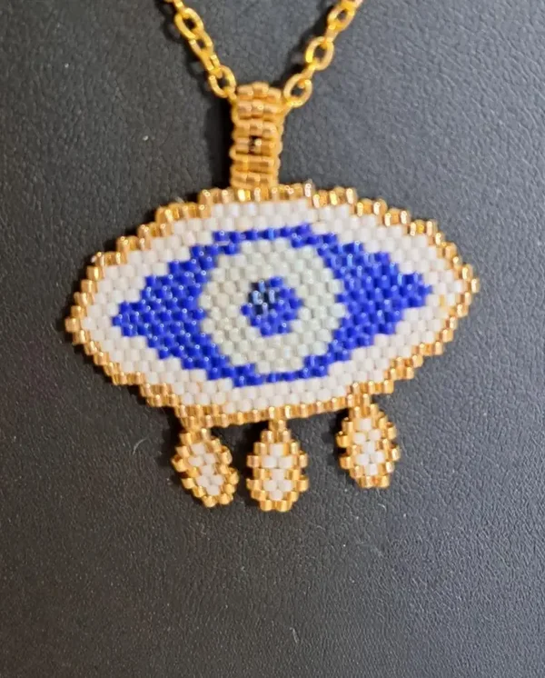 Collier sautoir chaine dorée avec œil porte bonheur tressages perles miyukis, fait main