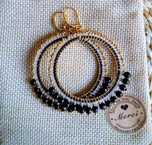 Boucles d'oreilles dormeuses argents dorées 925 (poinçonnés) anneaux 4 cm tressages perles miyukis et perles rocailles , acier inoxydables