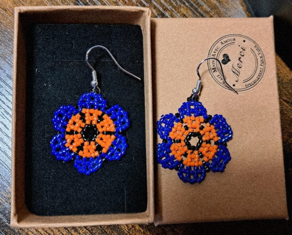 Boucles d'oreilles crochets en argents , Tressages perles miyukis , fleurs bleues marines et oranges