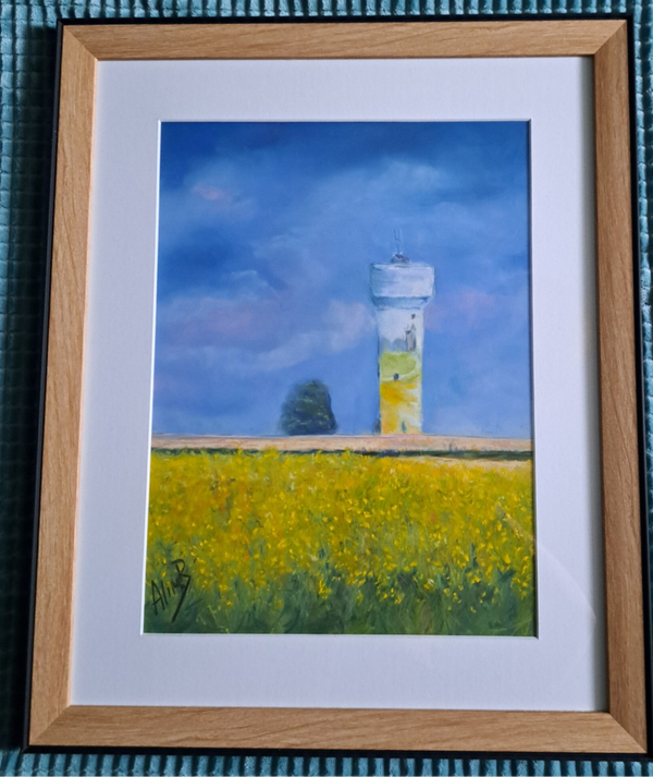 Tableau au Pastel Château d'eau Flesselles 30x40 cm , passe partout et encadrement bois