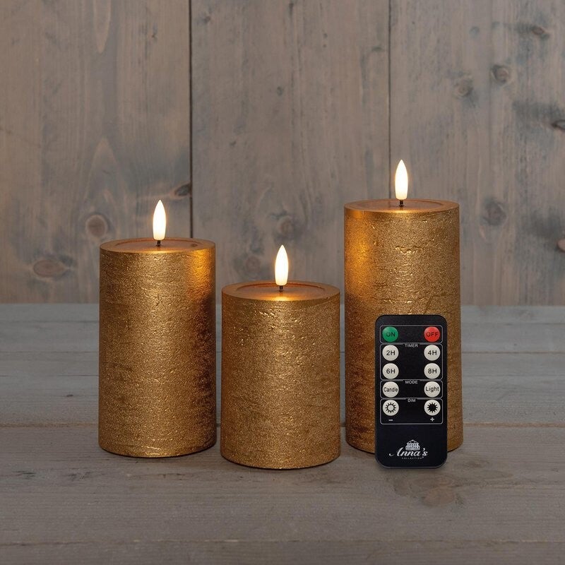 Stompkaarsset 3D vlam LED oplaadbaar afstandsbediening Goud