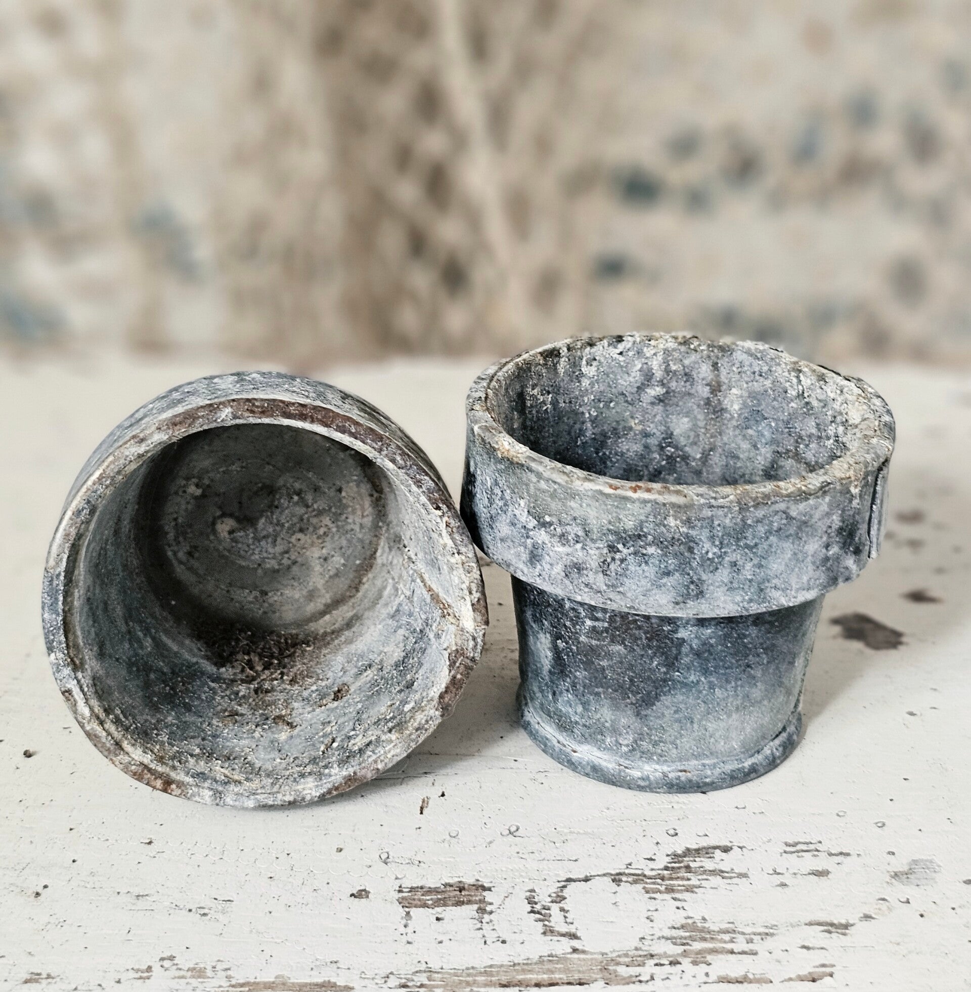 Setje kleine brocante zinken potjes