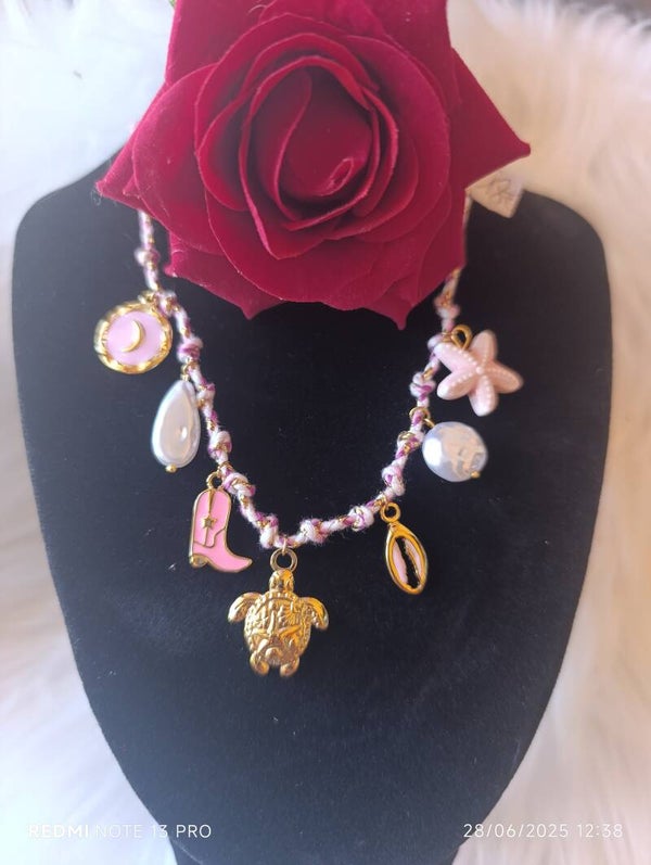 Collier cordon tortue rose
