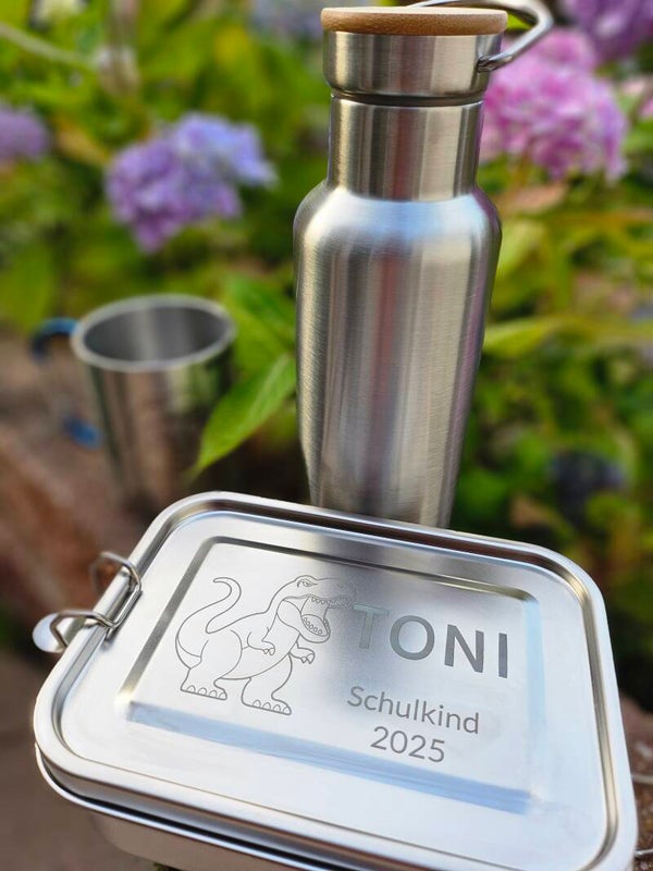 Brotdose & Becher aus rostfreiem Edelstahl – personalisierbar