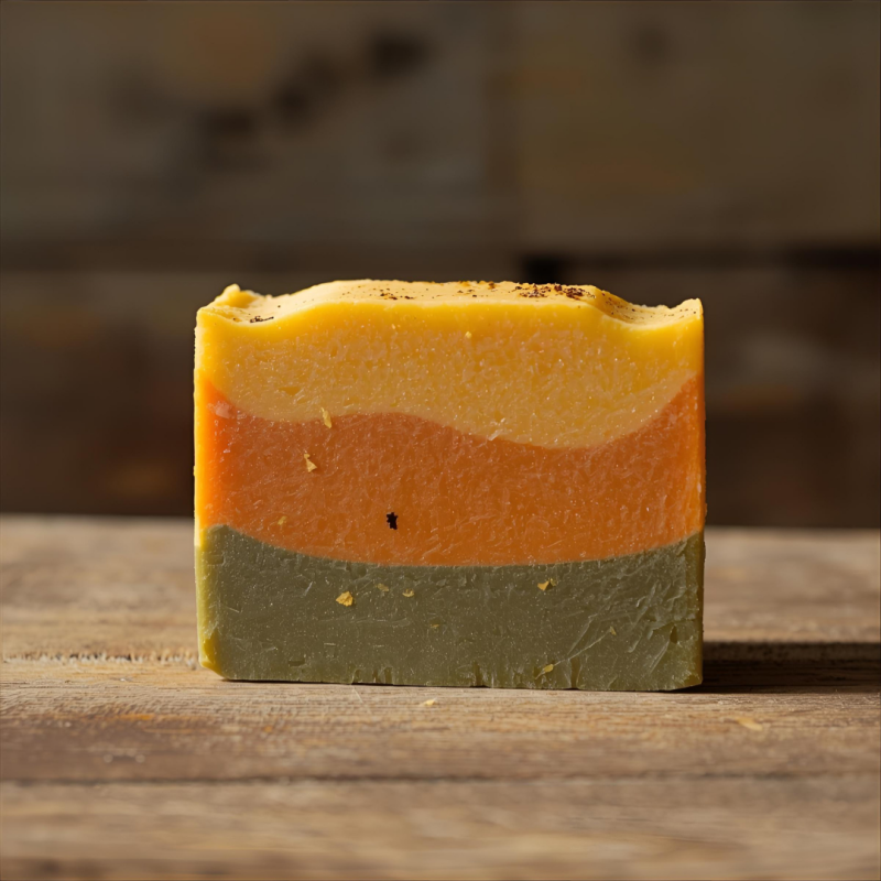 Een stuk handgemaakte zeep, geel oranje en groen.