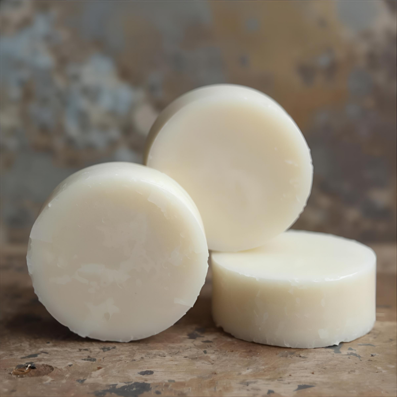 Trio zeep tabletten, dit zijn ronde stukken zeep in een melk achtige witte kleur omdat er geen geur of kleurstoffen zijn toegevoegd.