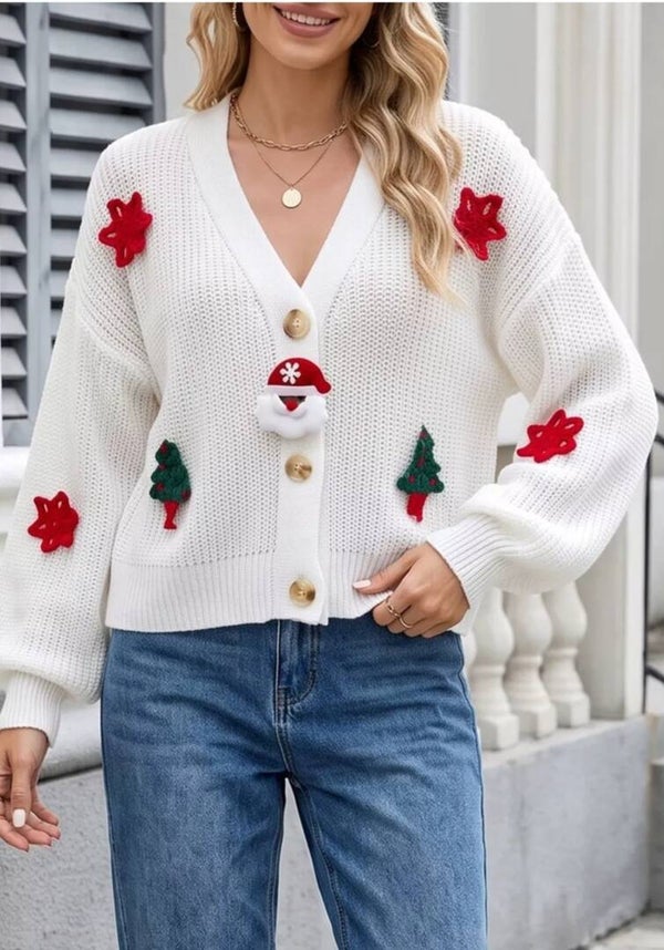 003T Festive Christmas Applique V-Neck Knit Cardigan