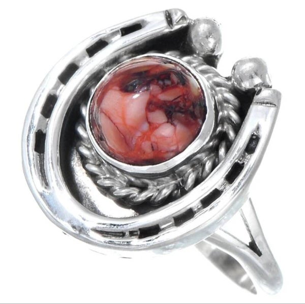 008AT Ladies Apple Coral Horseshoe Navajo Ring