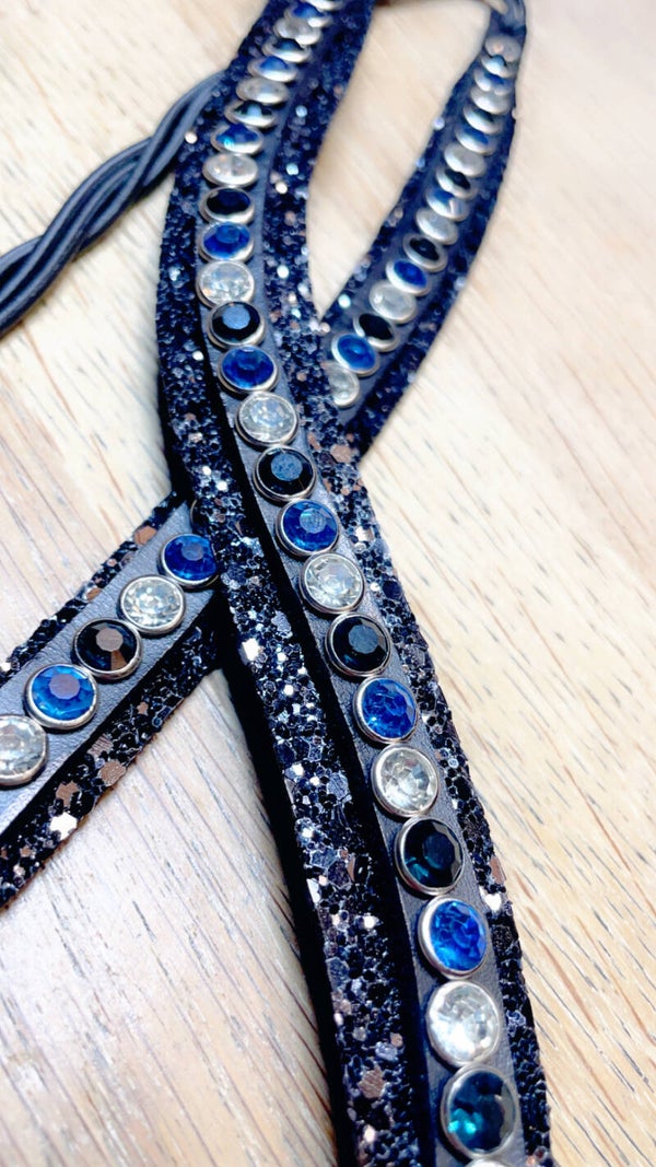 Frontriem 1 row   Clear&Blauw  met Zwarte Glitter