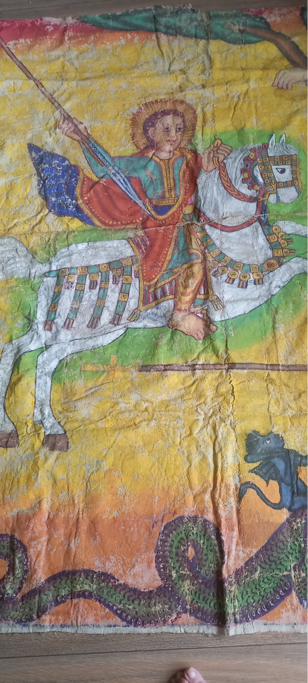 Oude schildering van Joris met de draak op doek uit Ethiopië