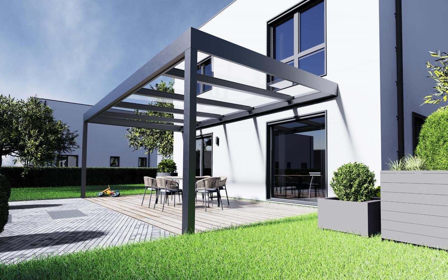 acoperiș plat SkyView cu sticlă VSG, montaj pe perete, lățime 300 cm, adâncime 250 cm