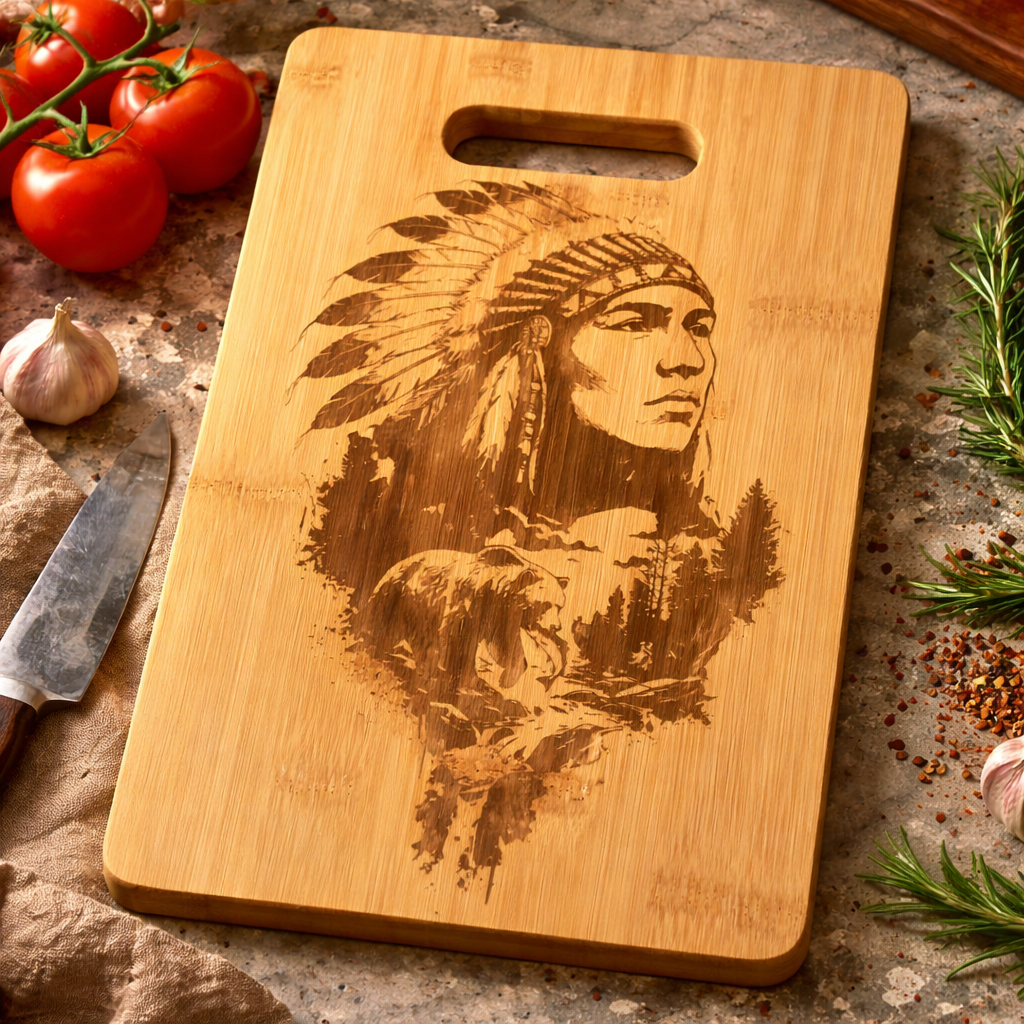 Planche à découper en bambou gravée Motif Chef Amérindien & Esprit Sauvage