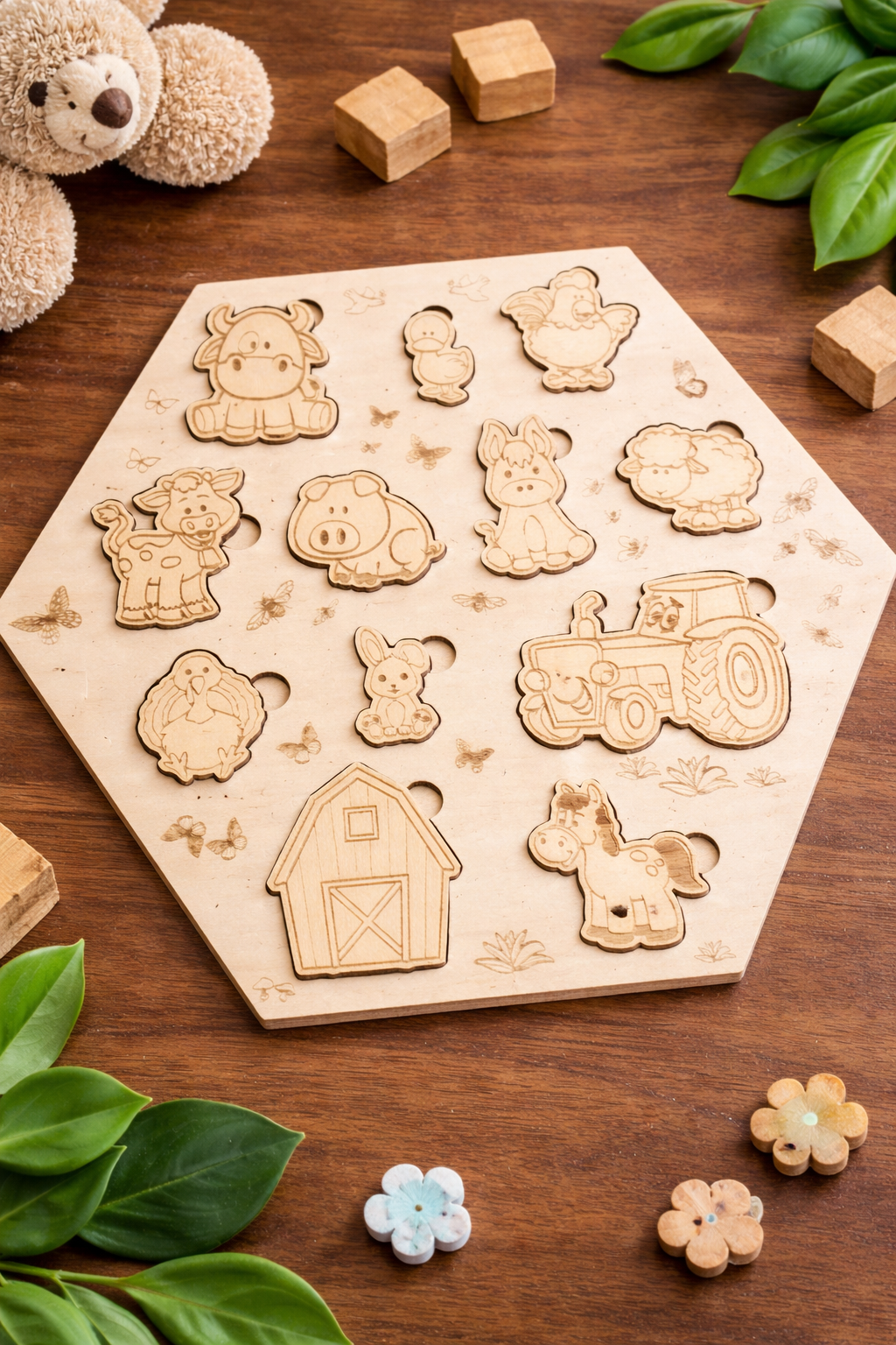 Puzzle Animaux de la Ferme en Bois – Jeu Éducatif pour Enfant