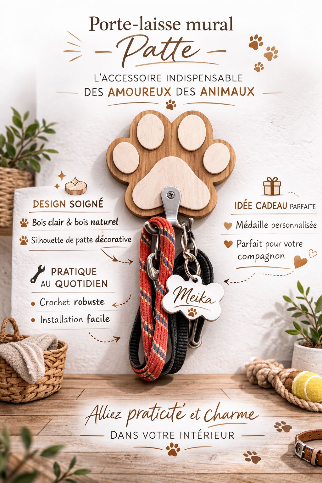 Porte-laisse mural “Patte”