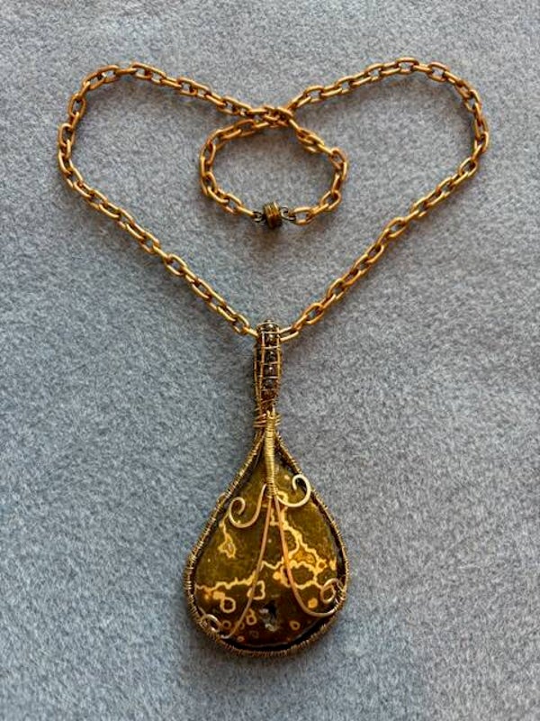 Necklace, wire wrap Ocean Jasper stone in cream, light and medium olives.