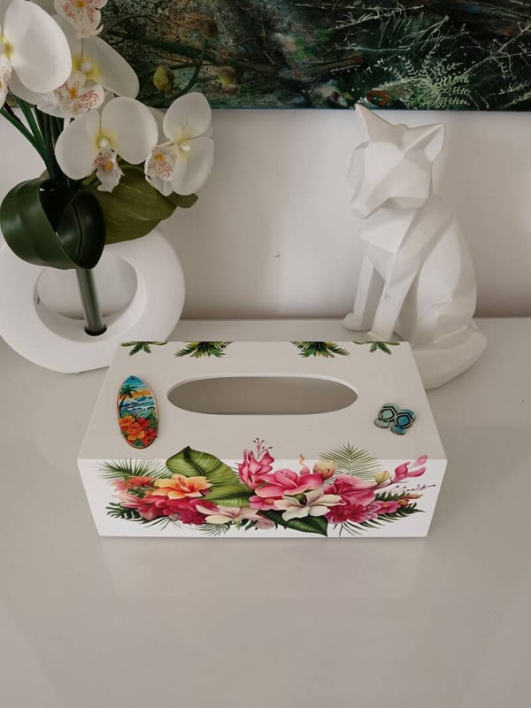 Boîte à mouchoirs "plage et fleurs tropicales"
