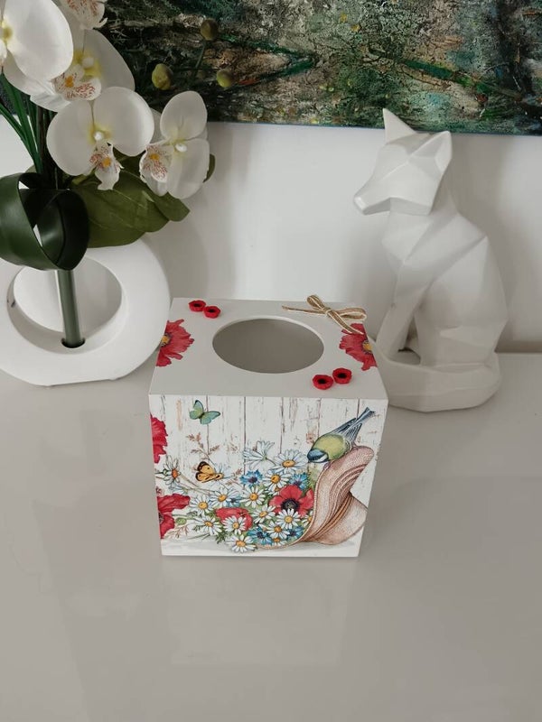 Boîte à mouchoirs carrée "coquelicots champêtre"