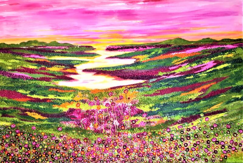 landschap in de kleuren groen, roze en paars en paarse lucht maat 100 x 70 cm