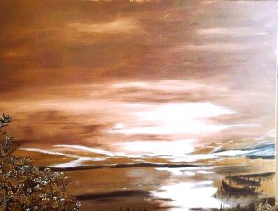 Schilderij in de tinten bruin, goud en wit. When the day has past away. Maat 120 x 80 cm