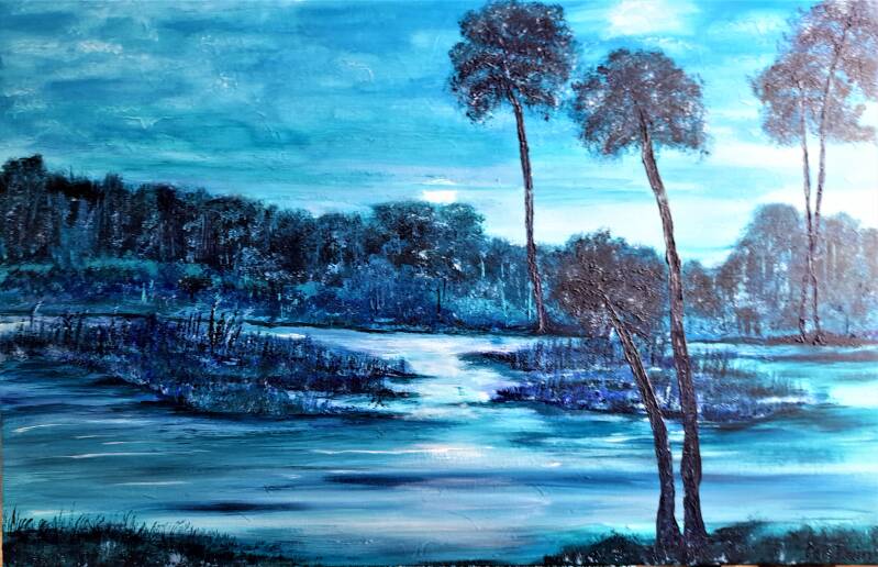 schilderij landschap in blauw met bomen, 120 x 80 cm. 