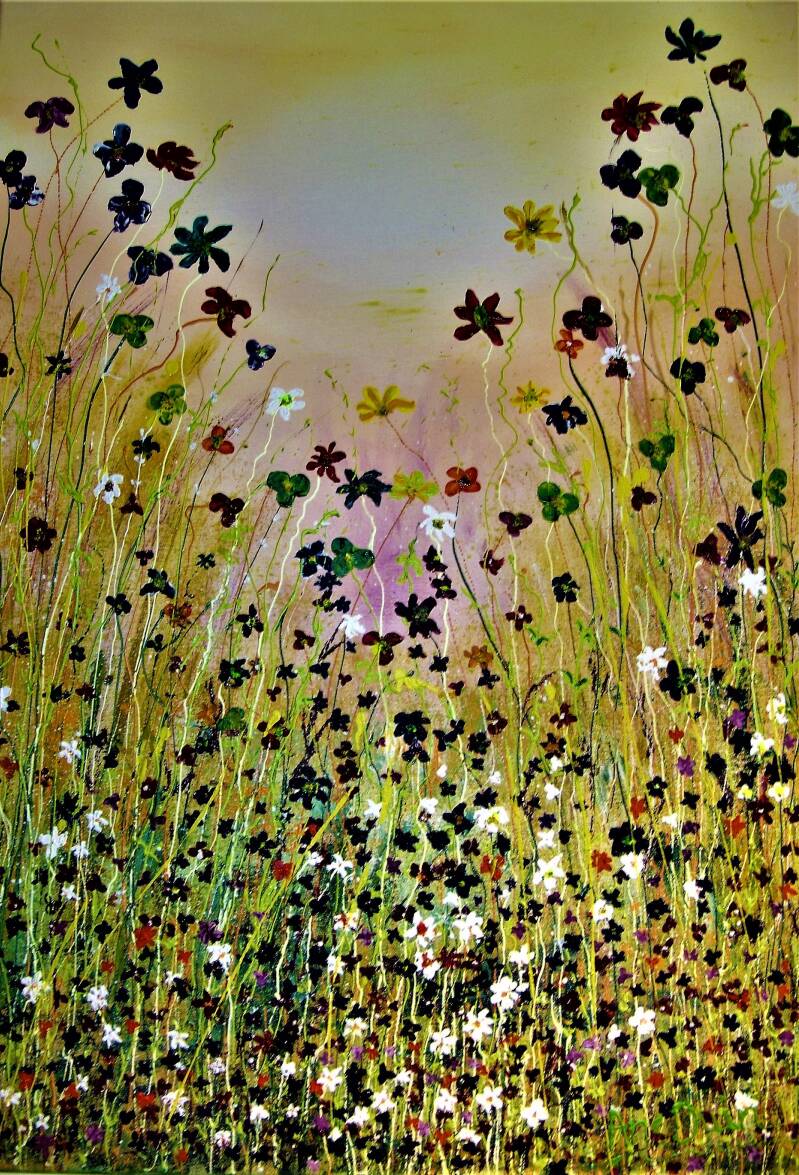 Vrolijk schilderij zomer, voorjaar, bloemen in alle kleeuren. Positief. Maat 70x 100 cm.