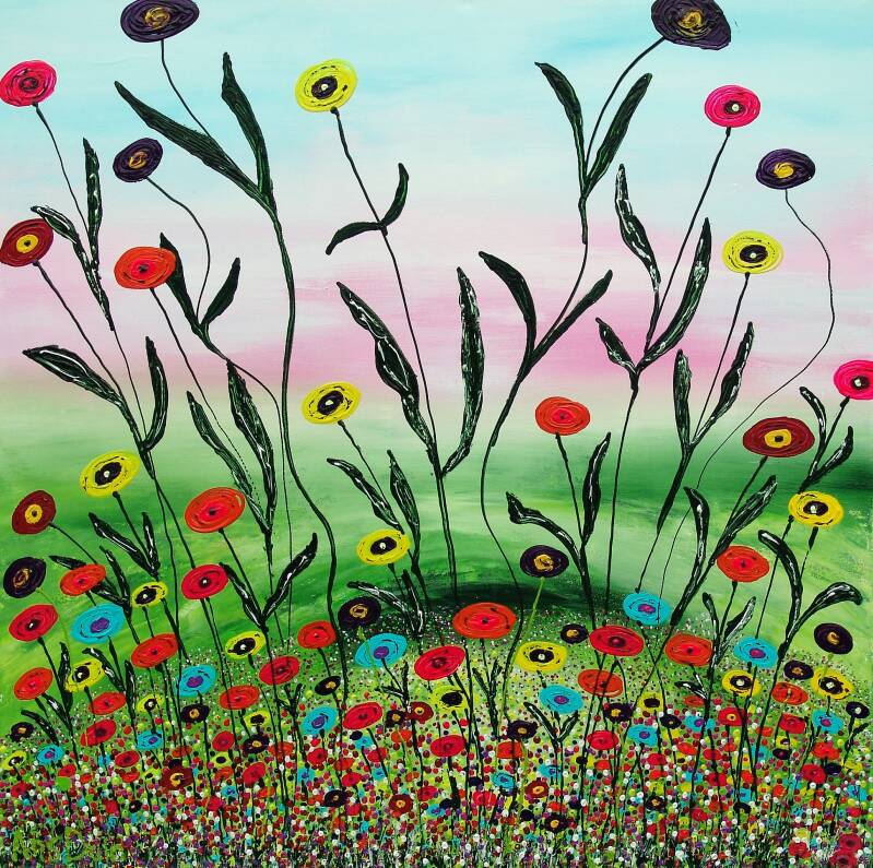 landschap met kleurige bloemen, rood, geel, oranje kleuren, maat  80 x 80 cm.