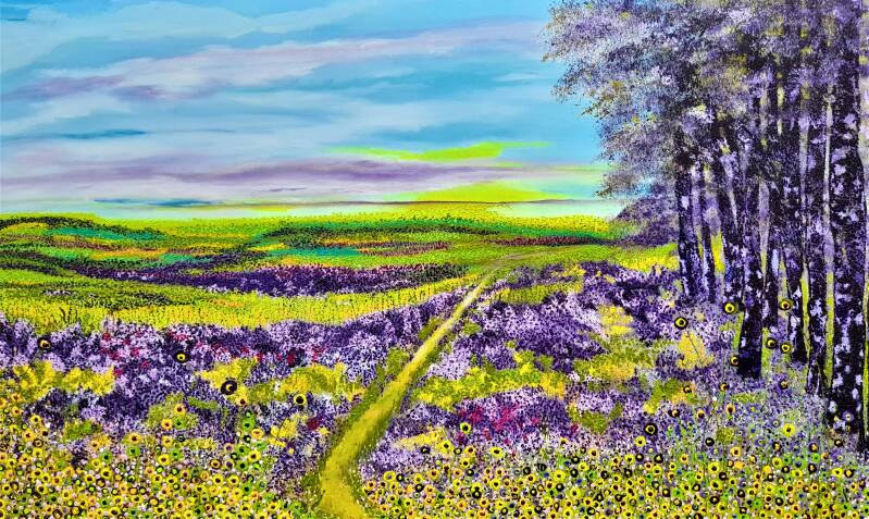 schilderij paarse bomen en gele bloemen in landschap maat 120 x 70 cm