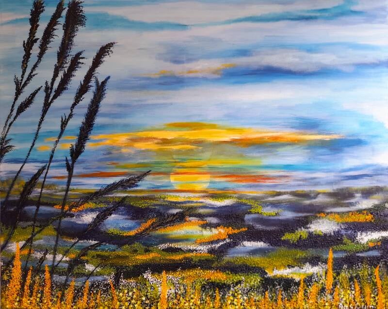 Spiritual landscape in blue, feathers, yellow sky, maat 100 x 80 cm.