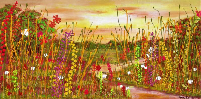 ochtendgloren, bloemenlandschap, tinten brui , 120 x 50 cm. 