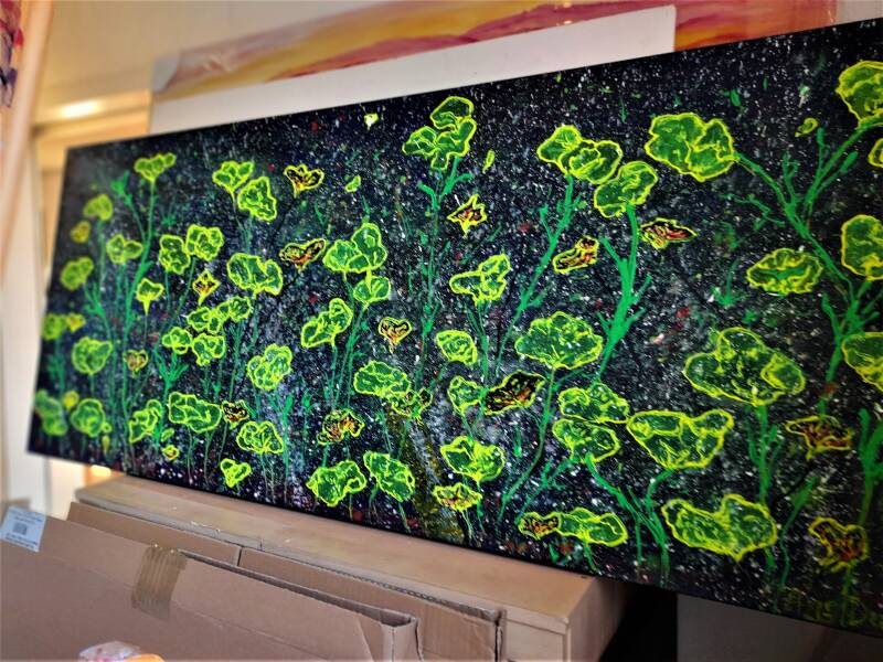 boterbloemen schilderij ,geel fluorkleur, mat 120 x 60. 