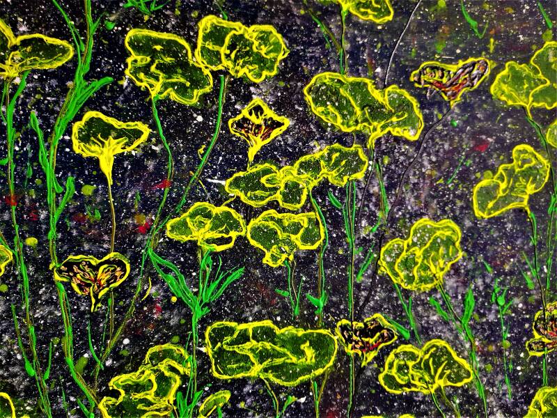 3D schilderij, maat 140 x 60 cm. groen, boterbloemen, zwarte ondergrond. 