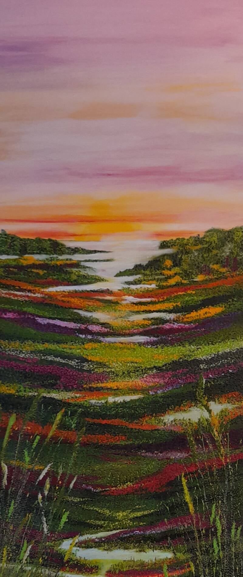 groot landg schilderij landschap groen, geel oranje, positieve feeling. 60 x 180 cm.