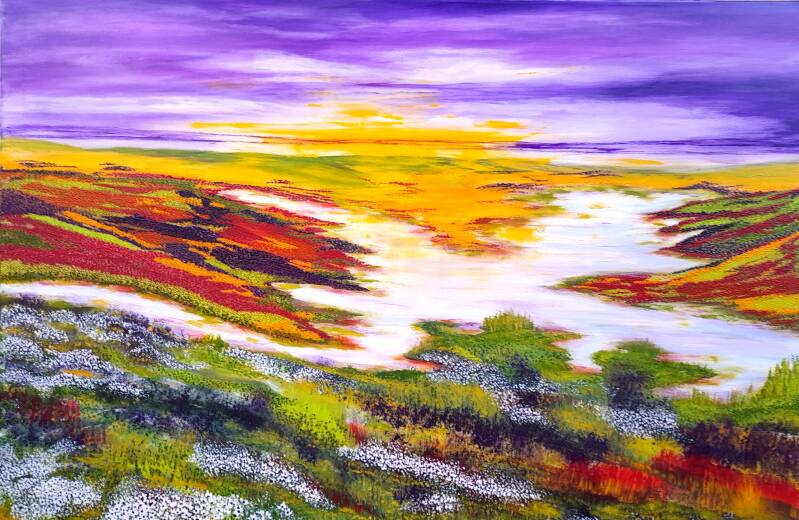 schilderij, natuur in paarse, geel en rood. maat 120 x 80 cm. 