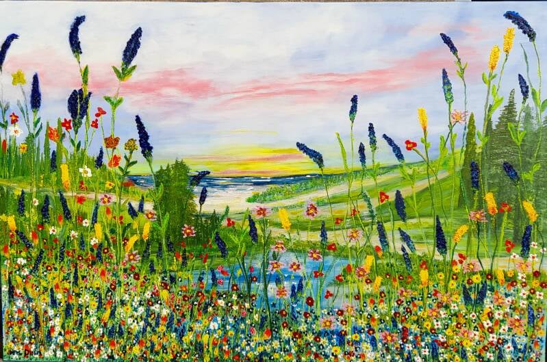 schilderij landschap duinen met bloemen, maat120 x 80 cm.