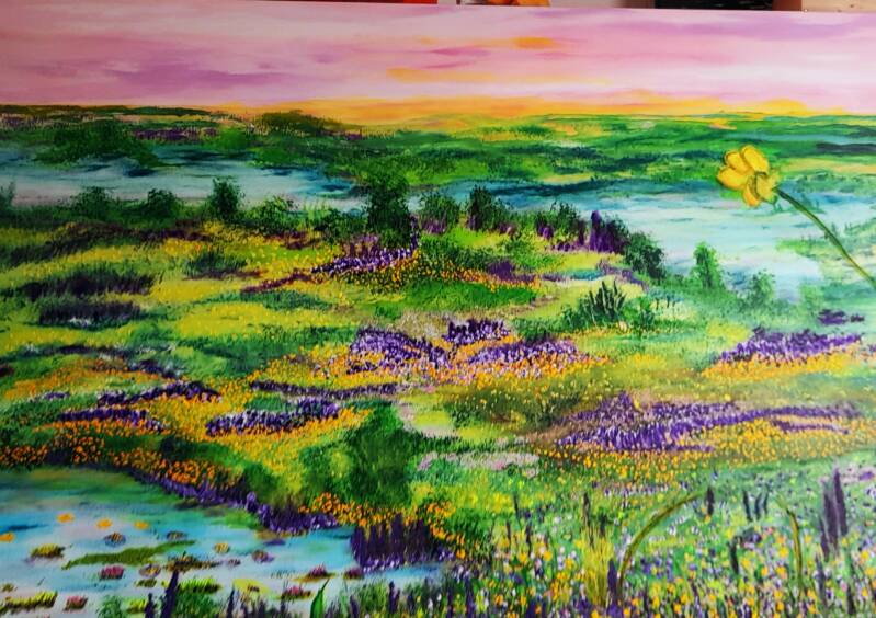 groen landschap met paarse accenten voor de bloemen. Mooie waterpartijen, maat 120 x 80 cm.