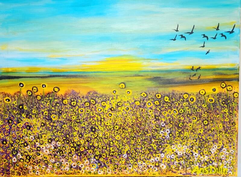 geelloemenveld, schilderij maat 80x 60 cm.
