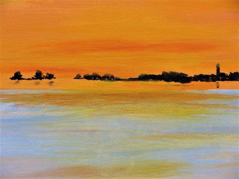 schilderij oranje lucht, dorp aan de horizon, lichte voorgrond, 120 x 70 cm. 