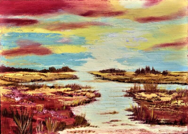 Waterrijk landschap in bruin en geel, blauwe lucht, mat 70 x 50 cm.