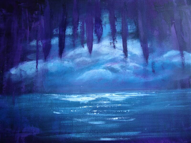 schuilplaats, grot, blauw, zee, donkere wolken, maat 80 x 40 cm. incl.lijst.