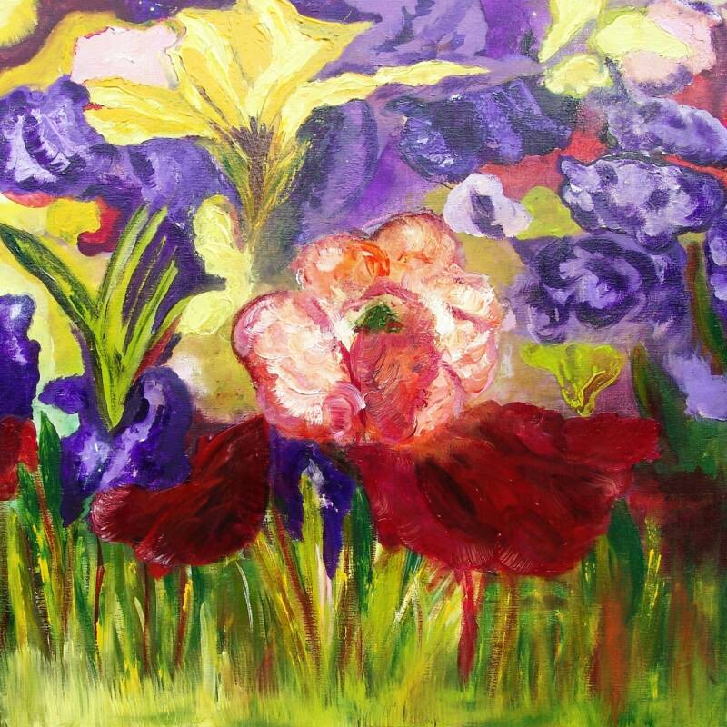 abstract schilderij met bloemen in rood en paars