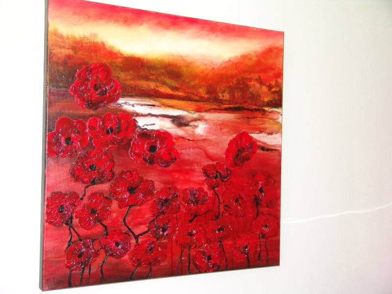 Rood schilderij met klaprozen/ poppies maat 80 x 80 cm