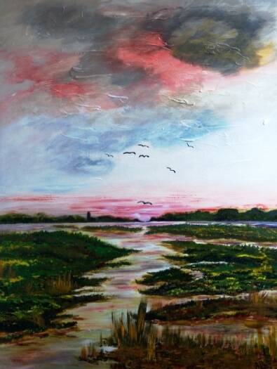 Holland-Waterland, groot schilderij, ingelijst van waterrijk landschap 86 x 100 cm.