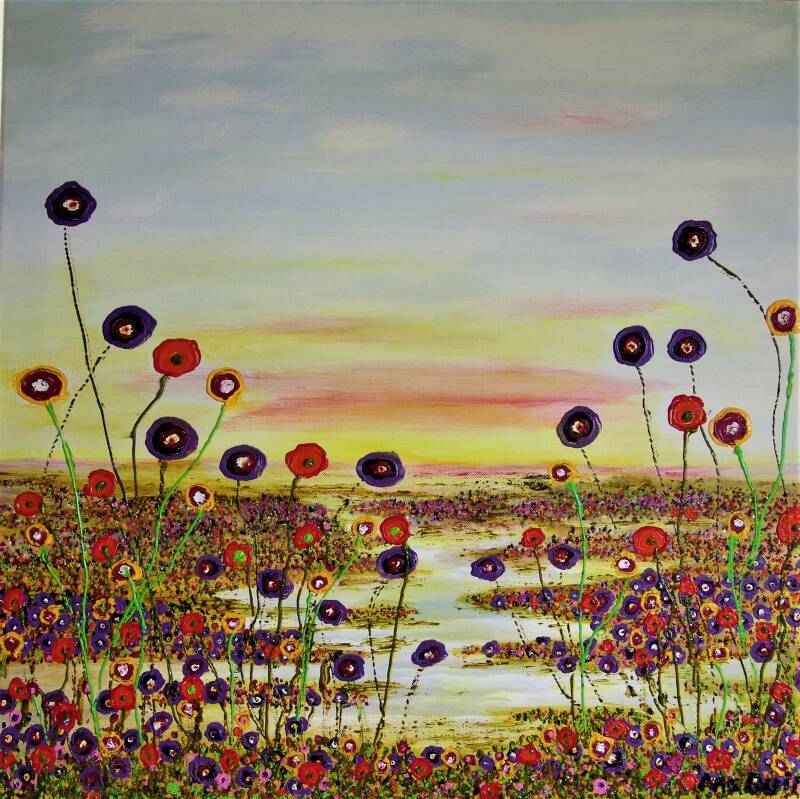 klein landschap met water en velden met bloemen, maat 60 x 60 cm.