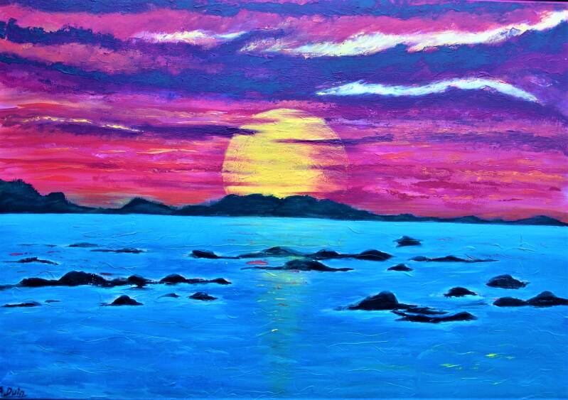 zonsondergang, rode avondlucht en blauwe zee,  aat 100 x 80 cm. 