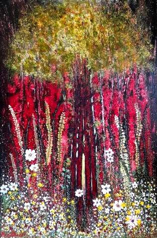 dichtbegroeid bos met rode stamman, op voorgrond willde bloemen, maat 70 x 100 cm.