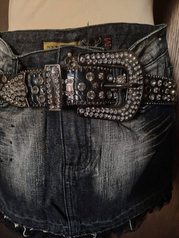 Silver Rhinestone Black Belt With Big Buckle